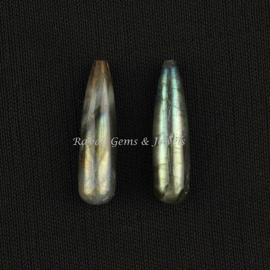 Natural Labradorite 9x30mm Smooth Drop Gemstone, Teardrop Long Loose Beads Stones For Jewelry Earring Making, Calibrated Pair- 2 Pcs Set