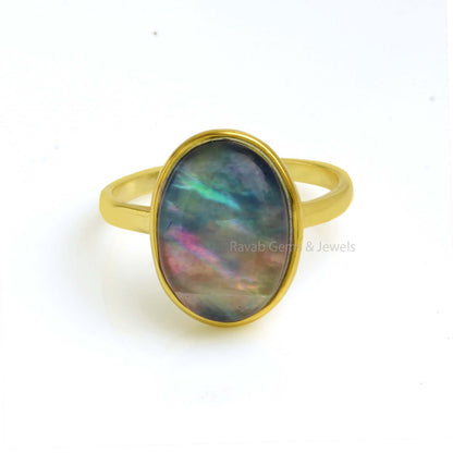 Oval Shape Abalone Quartz Ring, 925 Sterling Silver Gold Plated Ring, 10x14mm Gemstone Ring, Best Quality Rings For Gifted