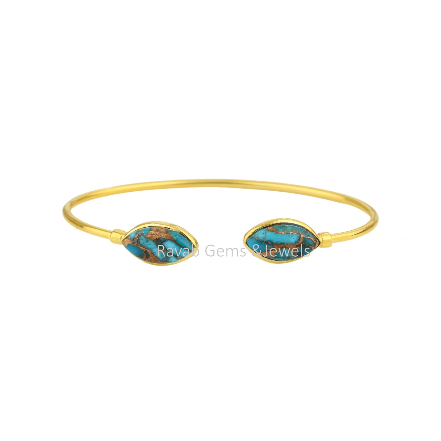 Blue Copper Turquoise Marquise Shape Gemstone Bangle, 925 Sterling Silver Gold Plated Cuff For Women, Cabochons Stone Bracelet For Gifted