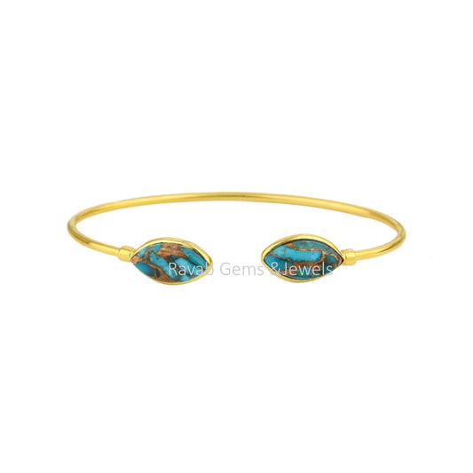 Blue Copper Turquoise Marquise Shape Gemstone Bangle, 925 Sterling Silver Gold Plated Cuff For Women, Cabochons Stone Bracelet For Gifted