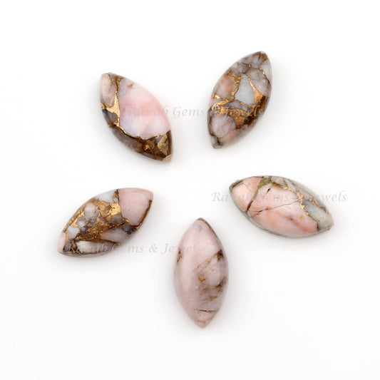 Pink Opal Copper Long Marquise Shape Flat Back Gemstone, Loose Beads Smooth Calibrated Cabochons Stone For Jewelry Set 5 Pcs Wholesale Lot