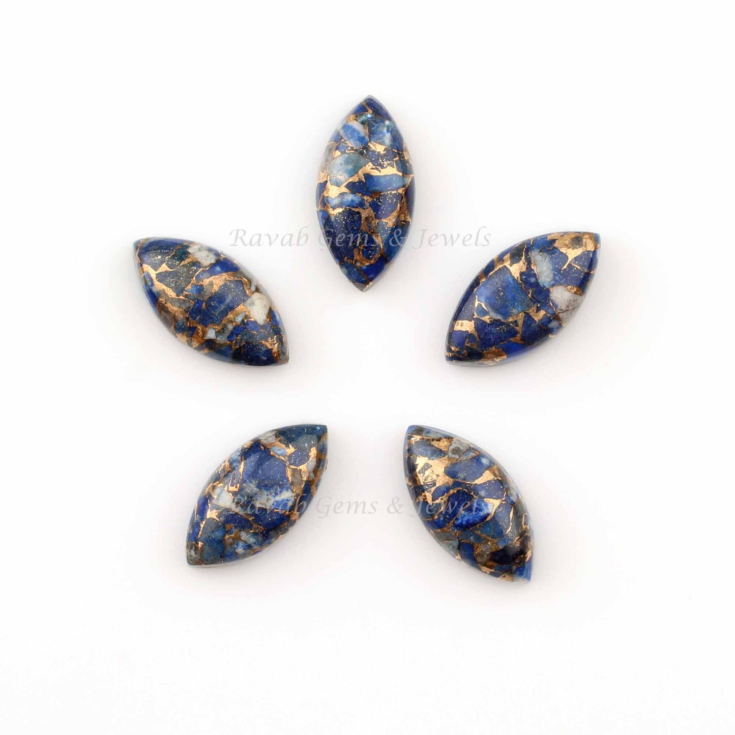 Marquise Lapis Lazuli Copper Long Smooth Gemstone, Loose Beads Calibrated Cabochons For Jewelry Making 5 Pcs Set 8-16mm All Sizes