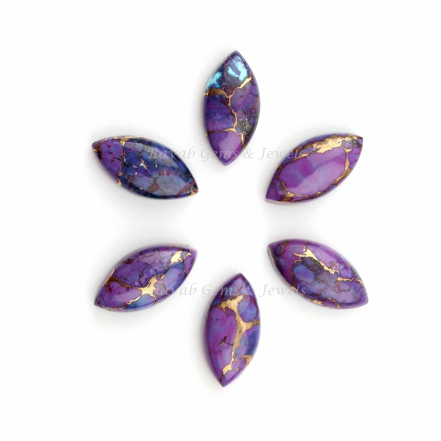 Purple Copper Turquoise Long Marquise Cabochons Gemstone, Loose Beads Flat Back Smooth Calibrated Stone For Jewelry 5 Pcs Set 8-16mm