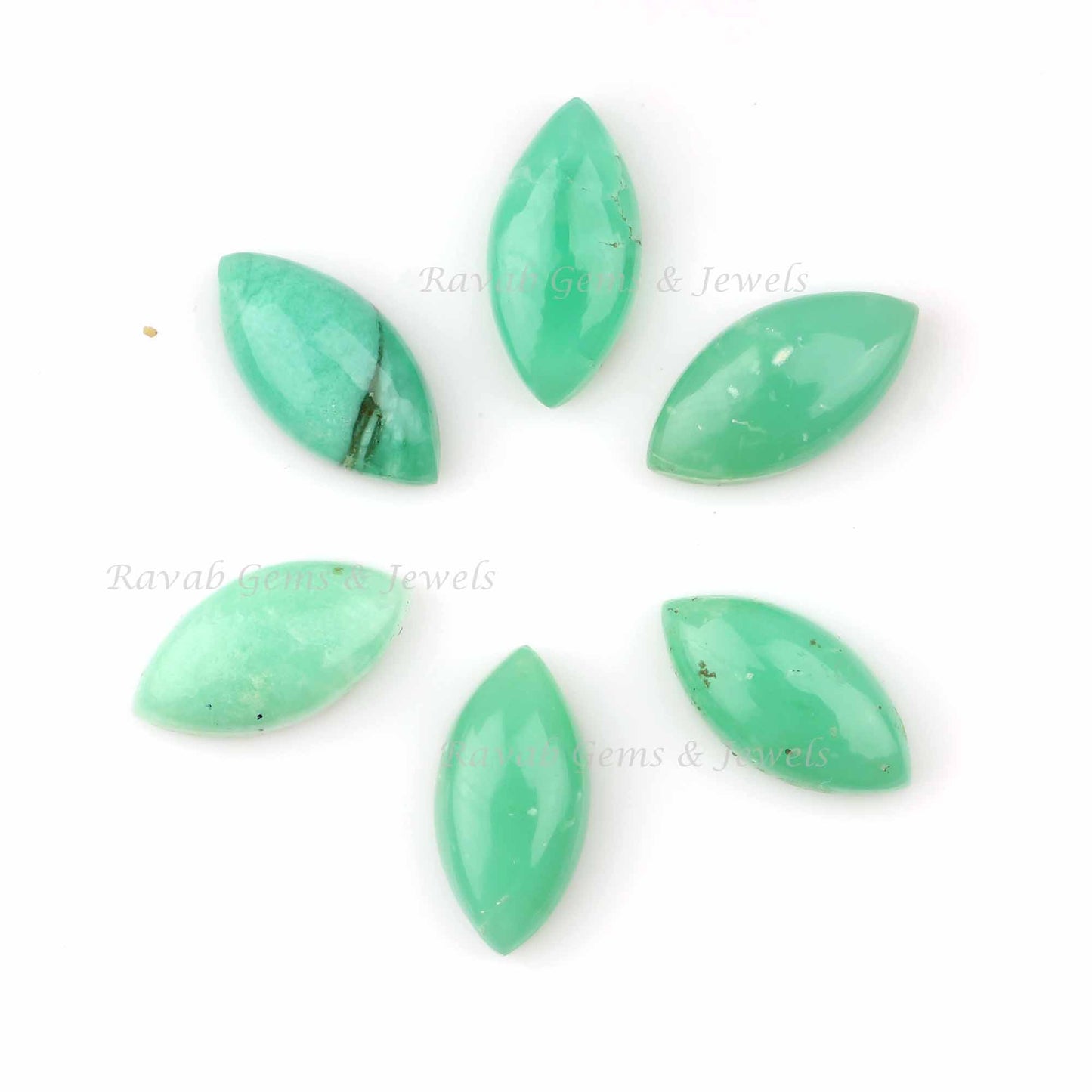 Natural Chrysoprase Long Marquise Shape Flat-back Gemstone Calibrated Cabochons, Chrysoprase Cabochons for Jewelry Making 5 Pcs Set 8-16mm