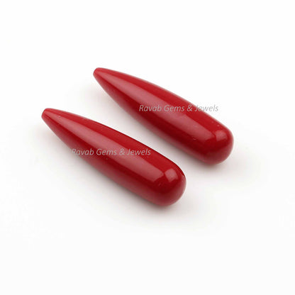 Red Coral Long Drop Smooth Gemstone , Teardrop Calibrated Stones, Jewelry Earring Making Pair Gemstones 9x30mm - Long Pair Stone - 2 Pieces