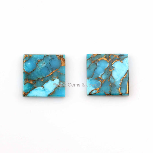 Blue Copper Turquoise Square 12mm Flat Gemstone, Calibrated Stones For Jewelry Earring Making, Bridesmaid Gifted Stones For Sale 2 Pcs Set