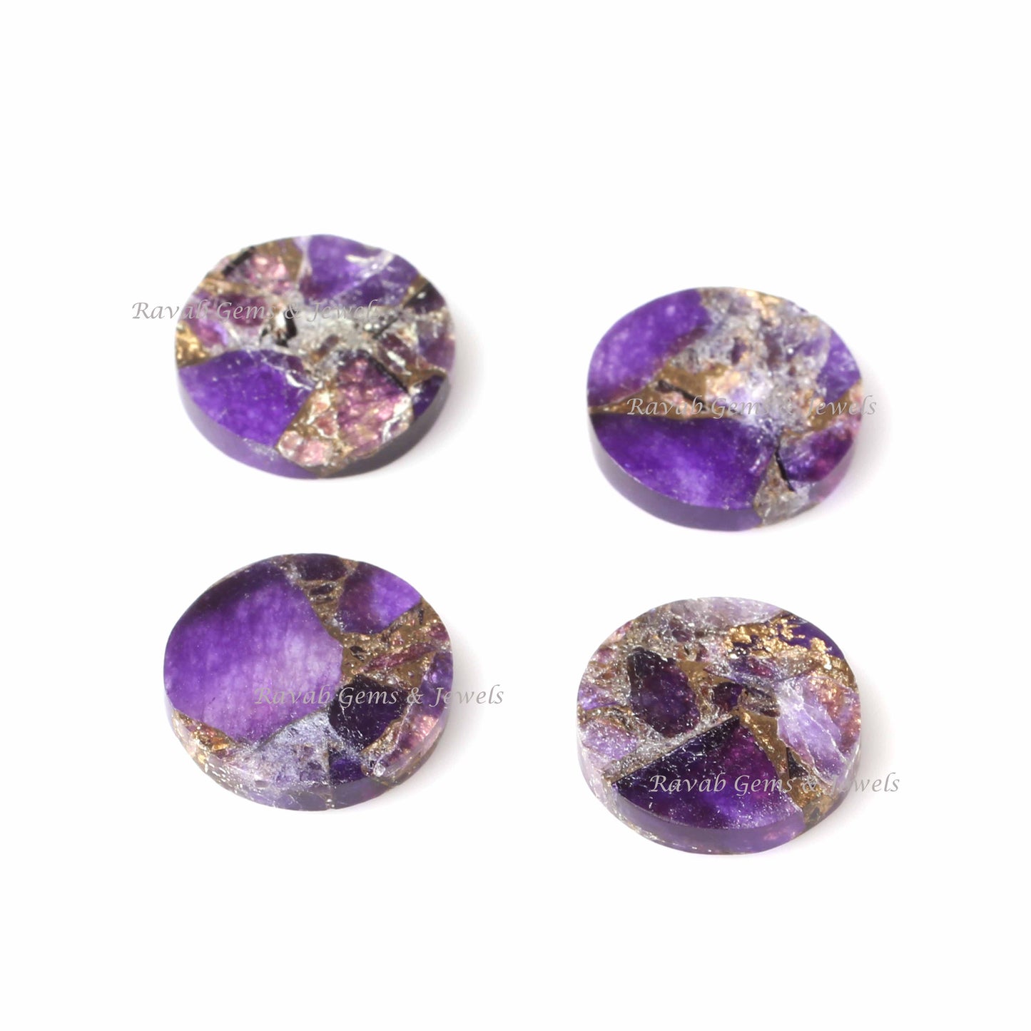 Mohave Purple Copper Amethyst Flat Smooth Round Shape Gemstone, Loose Beads Calibrated Stone For Jewelry Making, Stones For Earrings 2 Pcs