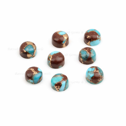 Natural Lava Copper Turquoise Round Shape Flat Back Cabochons, Calibrated Gemstone For Jewelry Making, Loose Beads For Earring - 2 Pcs