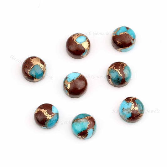 Natural Lava Copper Turquoise Round Shape Flat Back Cabochons, Calibrated Gemstone For Jewelry Making, Loose Beads For Earring - 2 Pcs