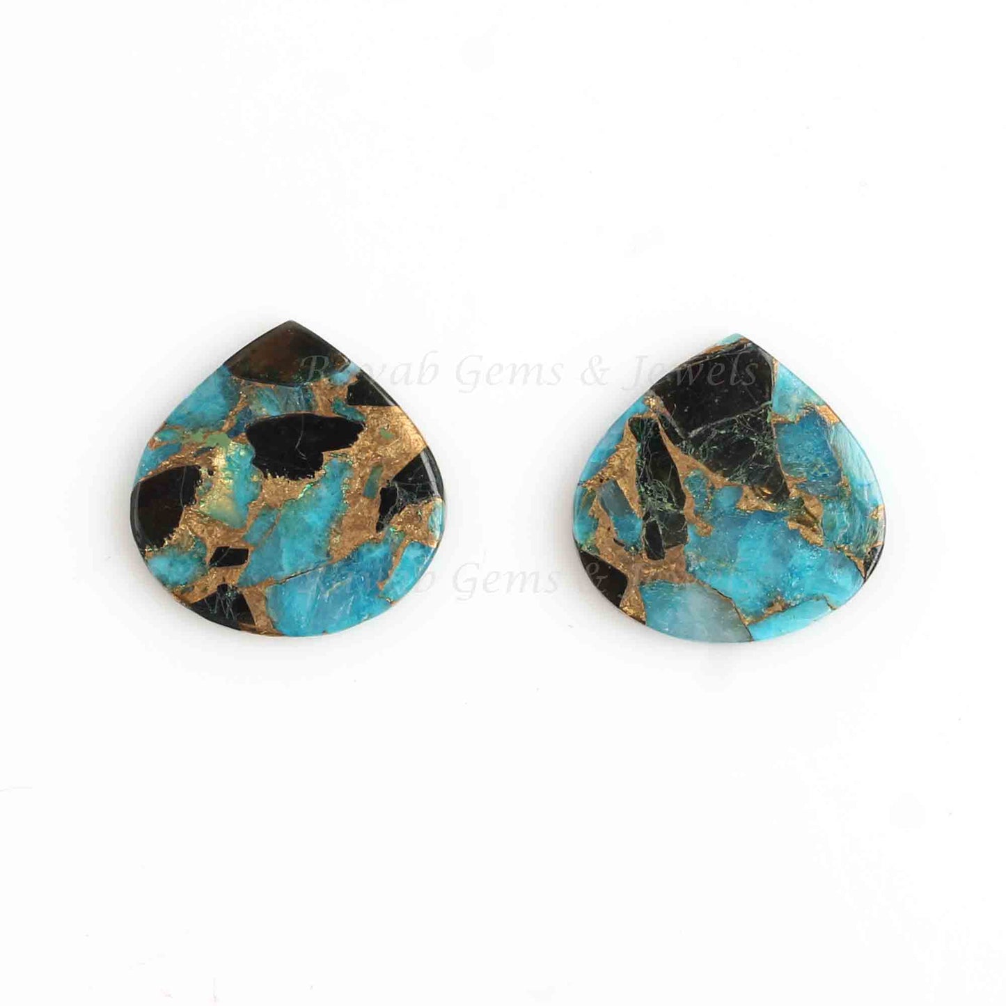 Black And Blue Copper Turquoise Heart Shape Smooth Flat Gemstone, Calibrated Loose Beads Stone For Matching Jewelry Earring - 2 Pcs Set