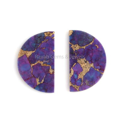 Purple Copper Turquoise 'D' Half Moon Shape Flat Gemstone For Jewelry, Loose Beads Calibrated Stone For Matching Earring Making Stones 2 Pcs