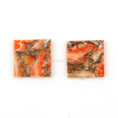 Sponge Coral Copper Square Shape Smooth Flat Gemstone, Loose Beads Calibrated Semi Precious Stone For Jewelry Making Earrings - 2 Pcs Set