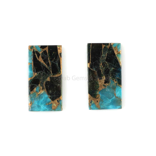 Blue & Black Copper Turquoise Rectangle Shape Flat Gemstone For Jewelry, Calibrated Loose Beads Stone For Jewelry Earring 8x16mm 2 Pcs Set