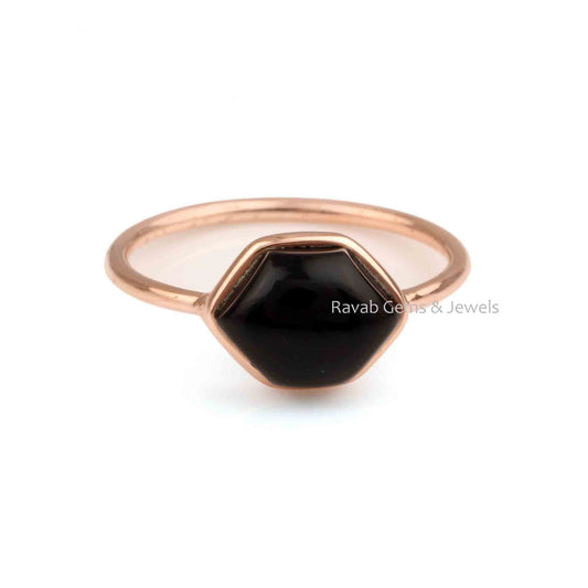 Black Onyx Hexagon Smooth Gemstone Ring, Rose Gold Plated 925 Sterling Silver Ring, 12mm Handmade Cabochons Stone Jewelry Ring For Gifted