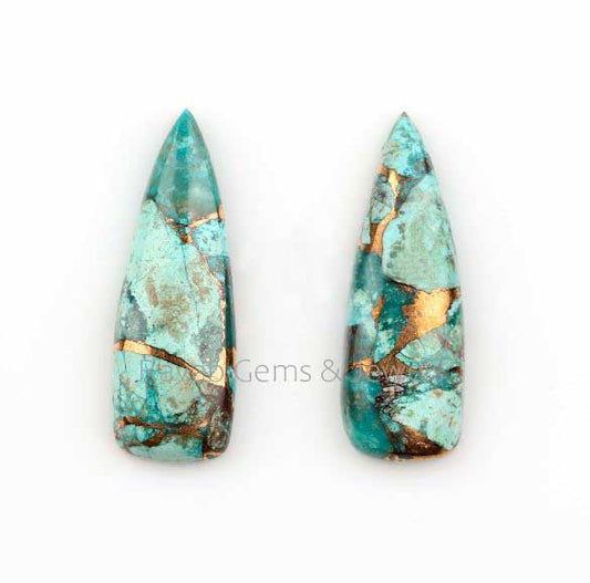 10x28mm Chrysocolla Copper Long Trillion Flat Back Gemstone, Smooth Calibrated Cabochon, Semi Precious Stone For Jewelry Making 2 Pcs Set