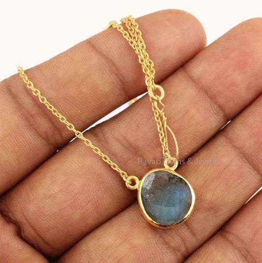 Madagascar Blue Flashy Labradorite, 12mm Organic Shape, 925 Sterling Silver, Gold Plated Bezel, Long Cable Chain Necklace, Lobster Clasp