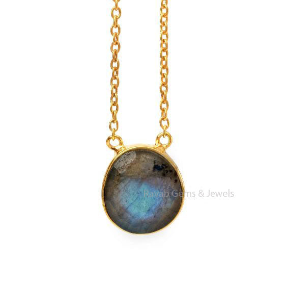 Madagascar Blue Flashy Labradorite, 12mm Organic Shape, 925 Sterling Silver, Gold Plated Bezel, Long Cable Chain Necklace, Lobster Clasp