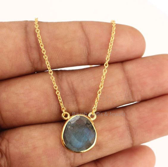 Madagascar Blue Flashy Labradorite, 12mm Organic Shape, 925 Sterling Silver, Gold Plated Bezel, Long Cable Chain Necklace, Lobster Clasp