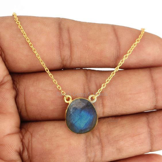 Madagascar Blue Flashy Labradorite, 12mm Organic Shape, 925 Sterling Silver, Gold Plated Bezel, Long Cable Chain Necklace, Lobster Clasp