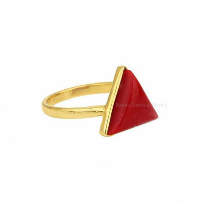 Red Coral Gemstone Ring, 925 Sterling Silver Gold Plated Ring, 12mm Triangle Shape Smooth Cabochon Stone Ring, Trendy Ring Gift For Her