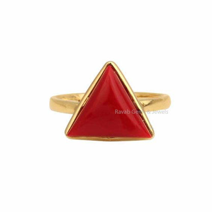 Red Coral Gemstone Ring, 925 Sterling Silver Gold Plated Ring, 12mm Triangle Shape Smooth Cabochon Stone Ring, Trendy Ring Gift For Her