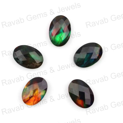 Ammolite Oval Shape Faceted Cabochons Gemstone, Green Orange Flashy Calibrated Stones For Jewelry Pendant Earring Making 5 Pcs Set 12x16mm