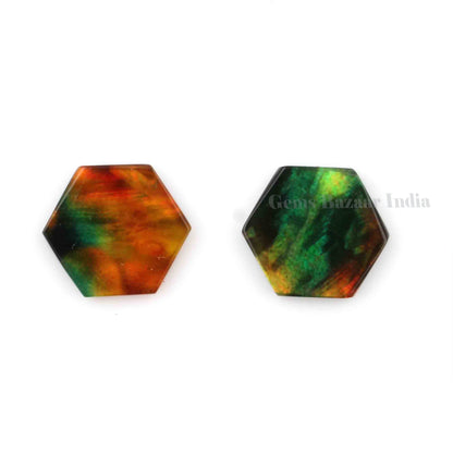 Shiny Ammolite Quartz Hexagon Shape 12mm Flat Gemstone, Calibrated Stone For Jewelry Making, Pair Both Side Flat Stone For Earring 2 Pcs