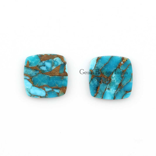 Blue Copper Turquoise Cushion Shape Smooth Flat Gemstone, Loose Beads Calibrated Stone For Fancy Jewelry Earring Making - 2 Pcs Set