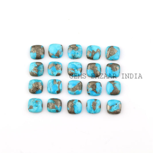 Pyrite Turquoise Cushion Shape Flat Back Smooth Calibrated Cabochons Gemstone | Loose Beads Stone For Matching Jewelry Making 5 Pcs Set