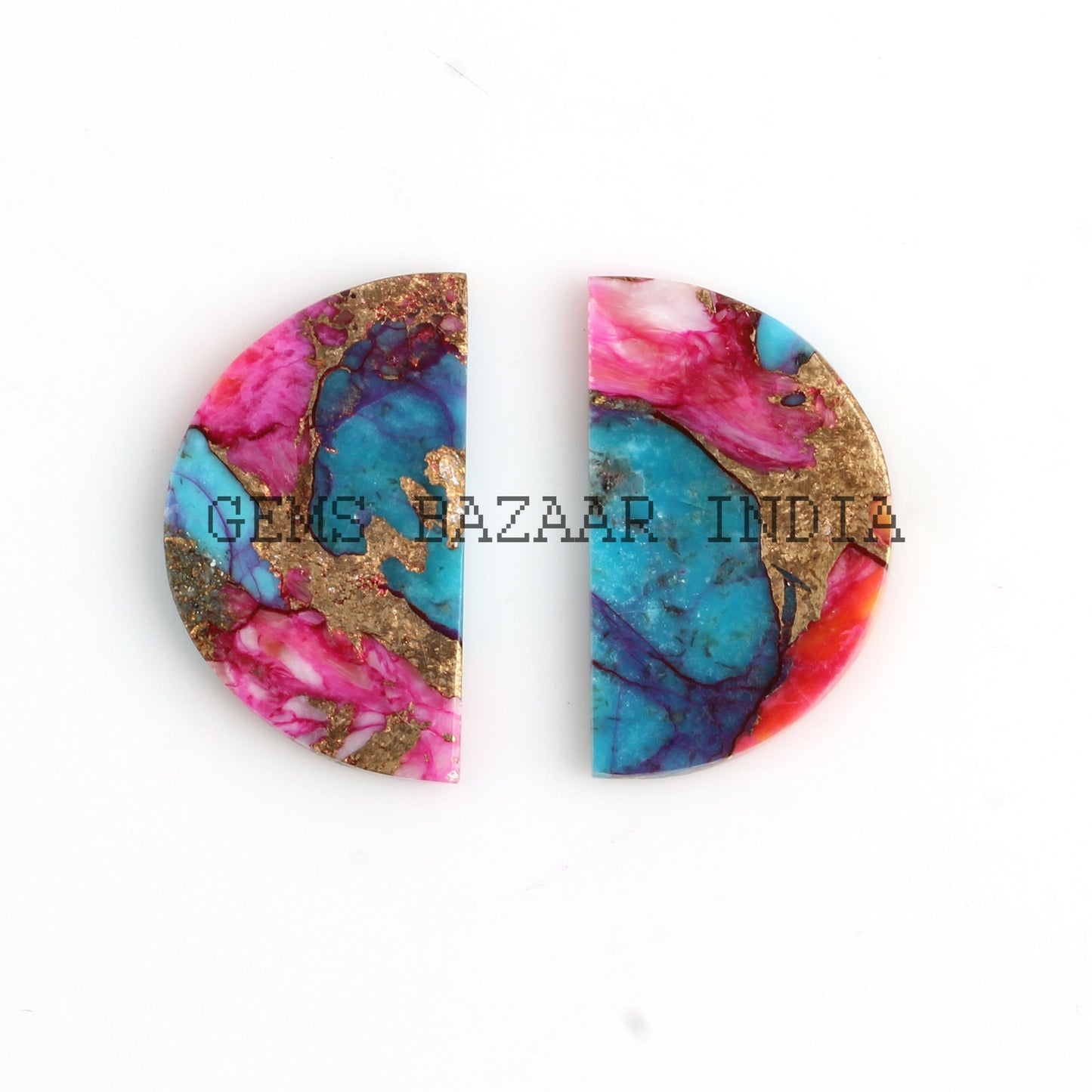 Purple & Orange Dahlia Copper Turquoise 'D' Half Moon Shape Flat Gemstone For Jewelry, Loose Beads Calibrated Stone For Earrings 2 Pcs Set